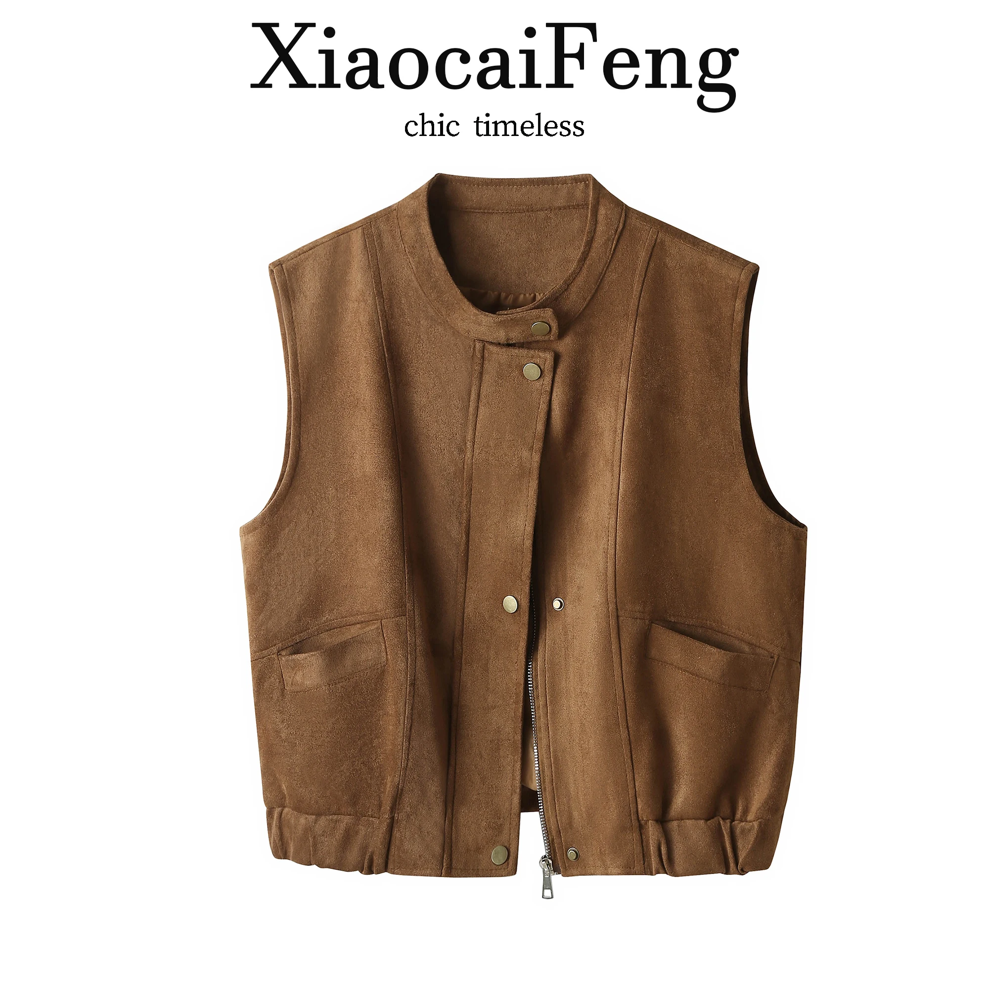 American Retro Workwear Suede Vest Women's Spring Autumn Zipper Design Unique Shoulder Pad Jacket Trendy Short Length
