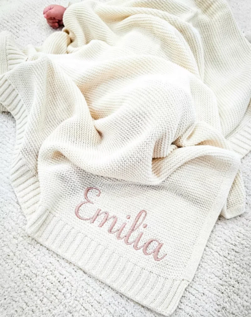 Baby Blanket,Embroidered Name,Stroller Blanket,Newborn Baby Gift ,Soft Breathable Cotton Knit,Baby Shower Gift Baby Blanket Gift