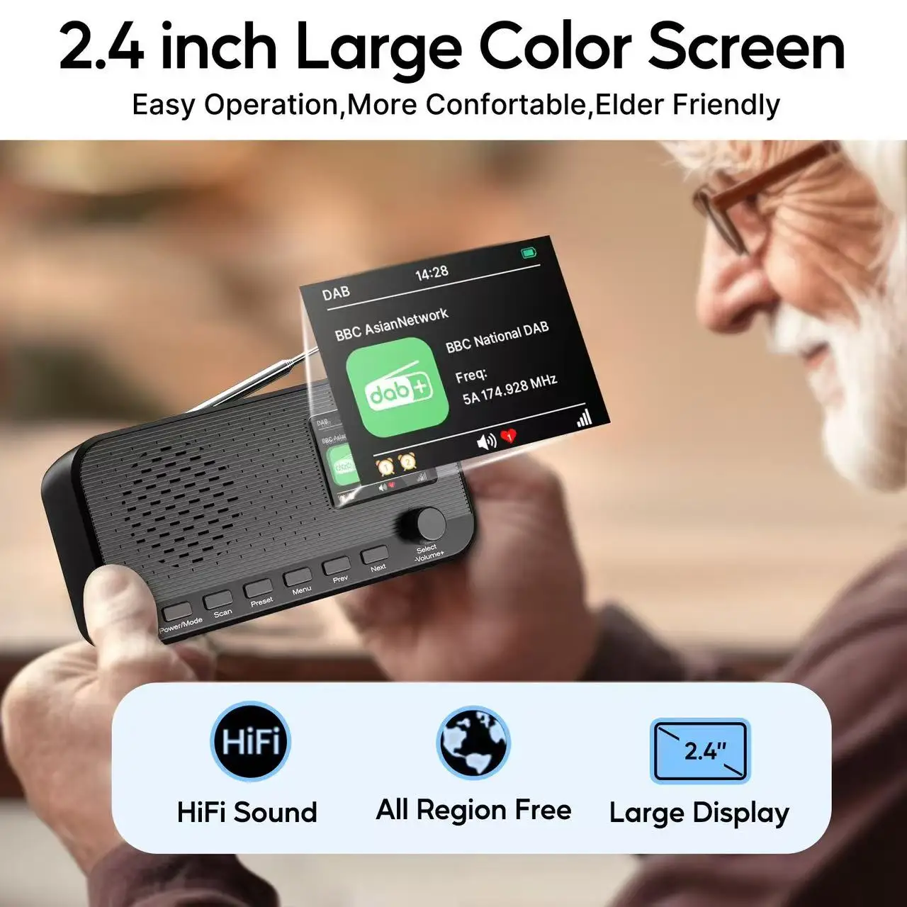 Digitaler Schreibtischwecker DAB DAB+ FM Bluetooth Broadcasting Radio 2,4 Zoll Farb-LCD-Bildschirm Radio Unterstützt AUX MP3-Player