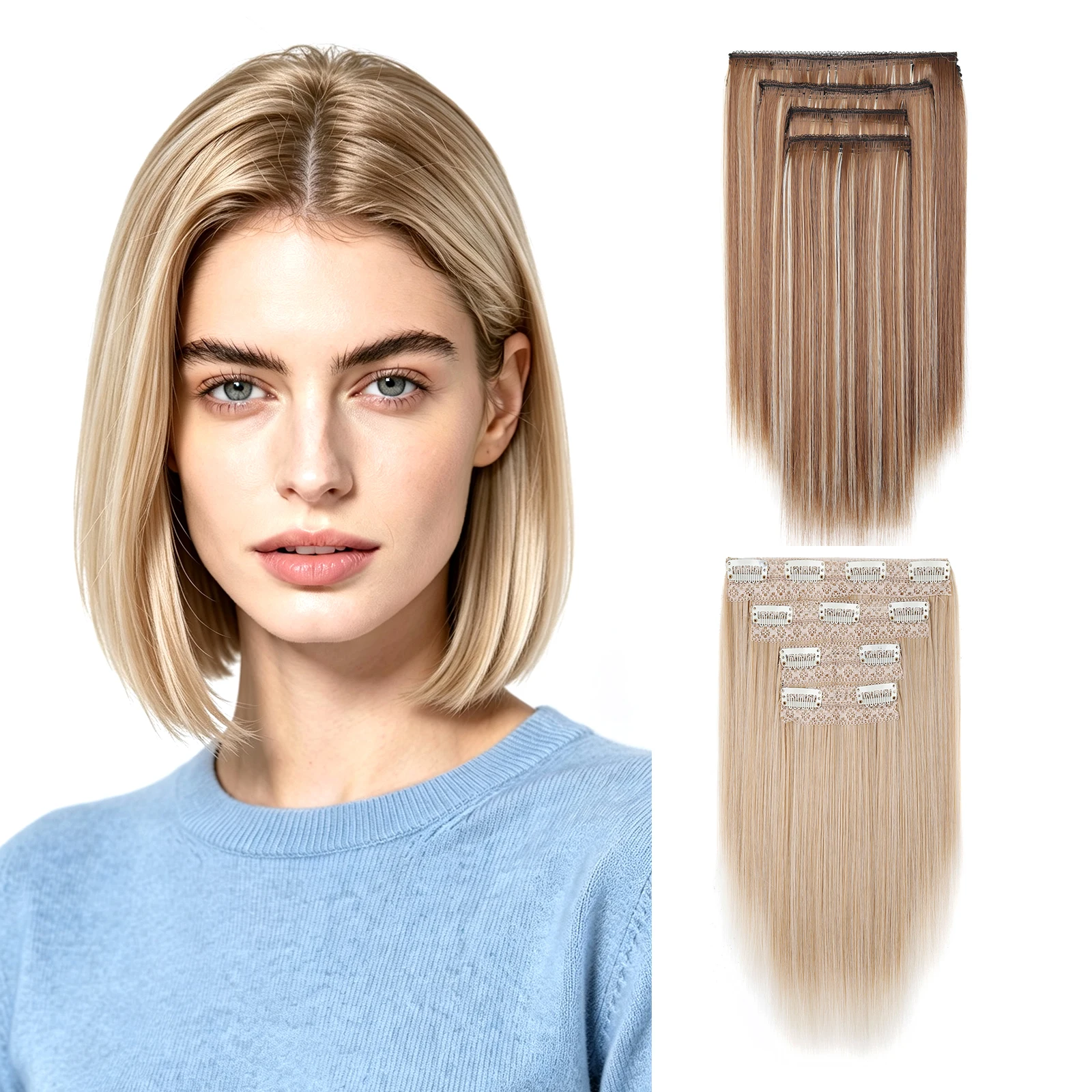 Clip In Hair Extensions 4Pcs/set Full Head Straight Short 12 Inch Synthetic Brown Blonde Highlight Hairpiece For Women Daily Use