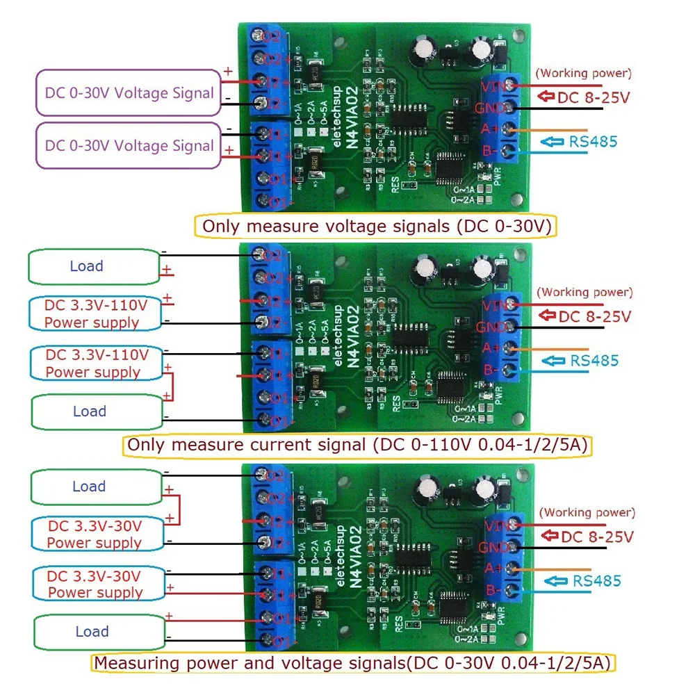 3 in 1 RS485 Modbus RTU Current & Voltage Meters Board 0-30V Voltage Signal Measurement 5A Current Collection Module