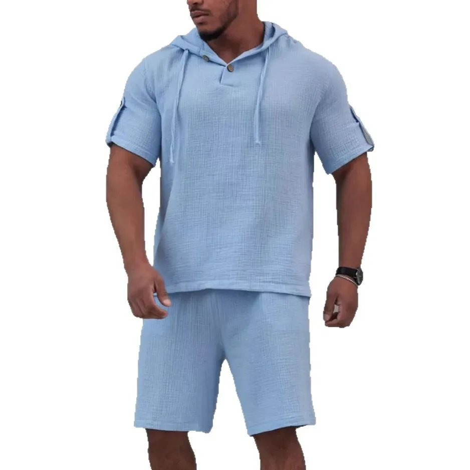 

2025 Новый повседневный спортивный мужской костюм, хит продаж весны и лета, модные шорты с капюшоном и короткими рукавами, мужская одежда