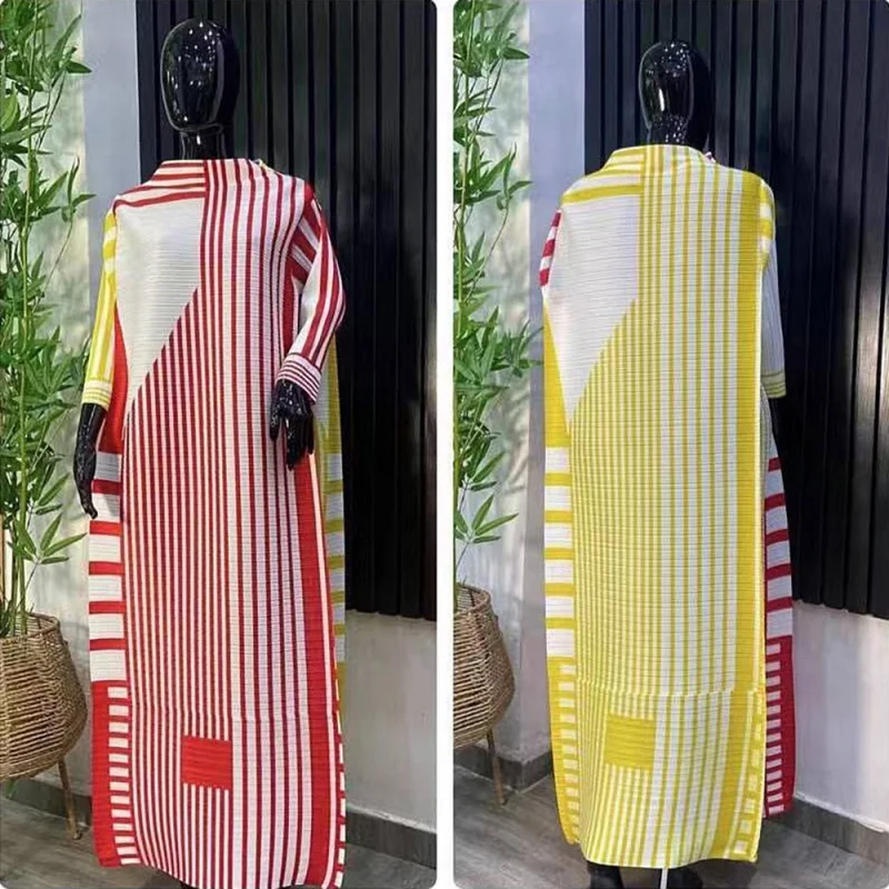 New Miyake Pleated Stripe Dress Fashion Relaxed Party Temperament Long Dresses 2023 Spring and Summer Elegant Women Clothing