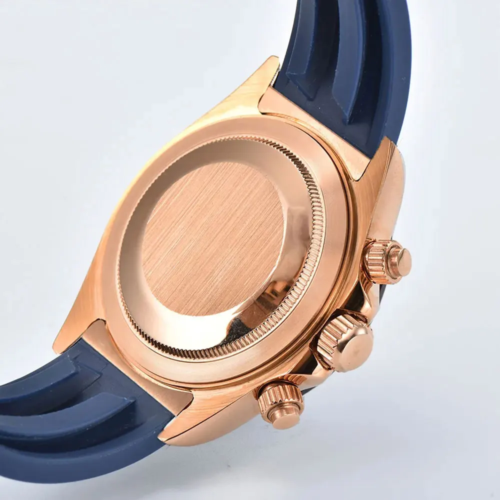 39 مللي متر ساعة يد رجالية ذهبية وردية VK63 حركة كرونوغراف الياقوت الزجاج المطاط حزام رجال الأعمال ساعة مخصصة