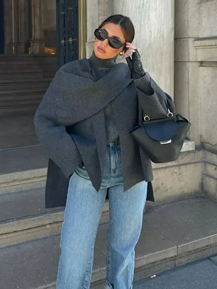 

Женский асимметричный шарф, вязаная куртка с круглым вырезом, однотонное свободное пальто с боковым разрезом на одной пуговице, новая зимняя женская шикарная верхняя одежда