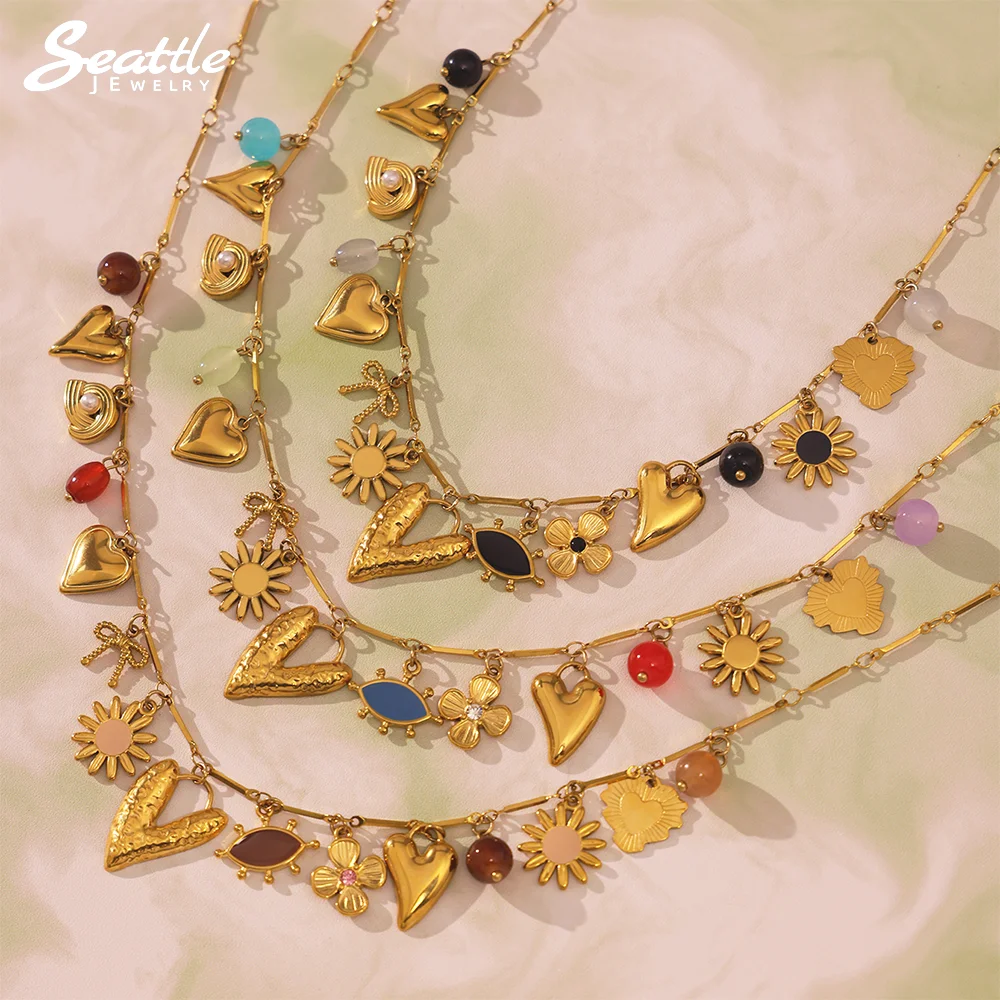 

Stainless Steel 18K Gold Plated Heart Pendant Necklace for Women Natural Stone Colorful Enamel Flower Necklace Charm Jewelry