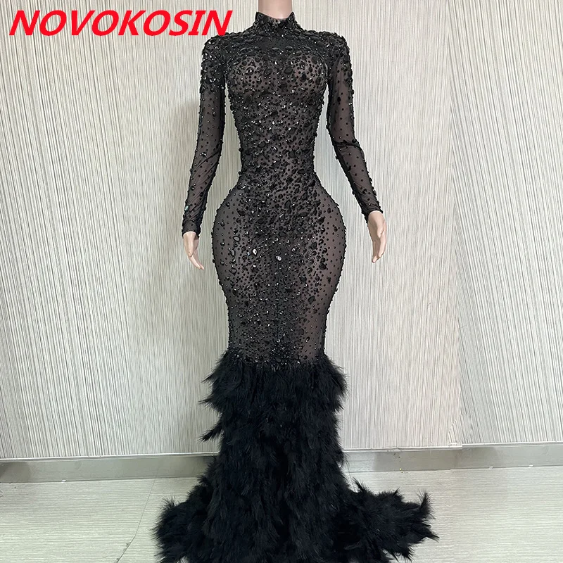 

Women Sexy Perspective Mermaid Evening Dress Shinny Rhinestone Crystals Stage Party Mesh Bridal Gown With Feather Skirt