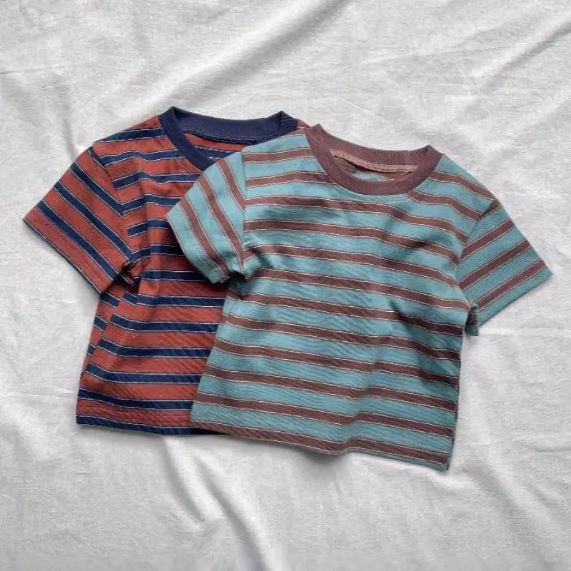 2026年夏新作-ベビー半袖tシャツ-幼児用カジュアルストライプトップス-男の子-女の子用tシャツ-コットン製子供服
