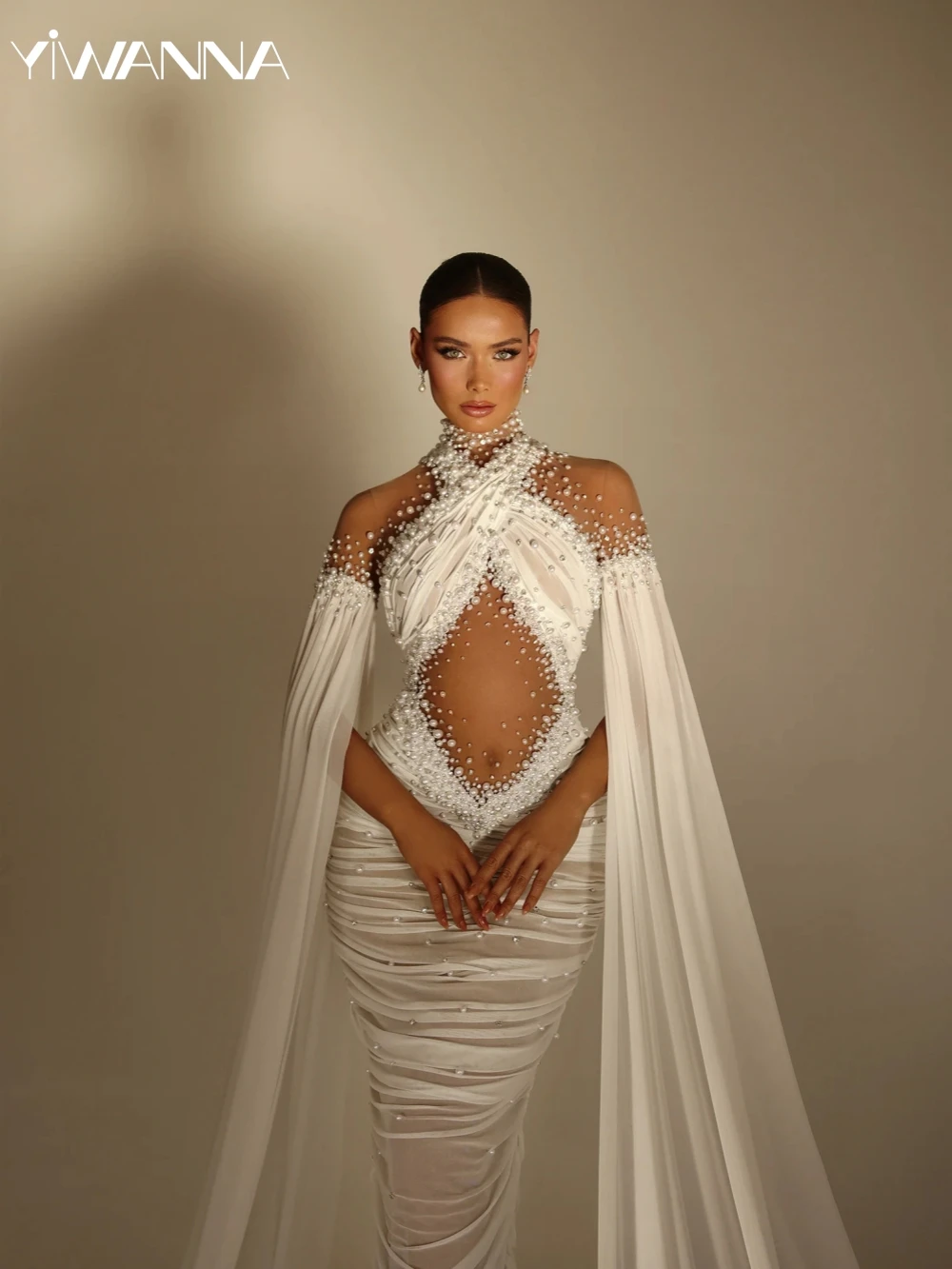 

Glitter Beads Pearls Wedding Dress With Cape Sleeve Sexy Illusion Sheath Long Bridal Gown 2025 Customized Dresses For Bride