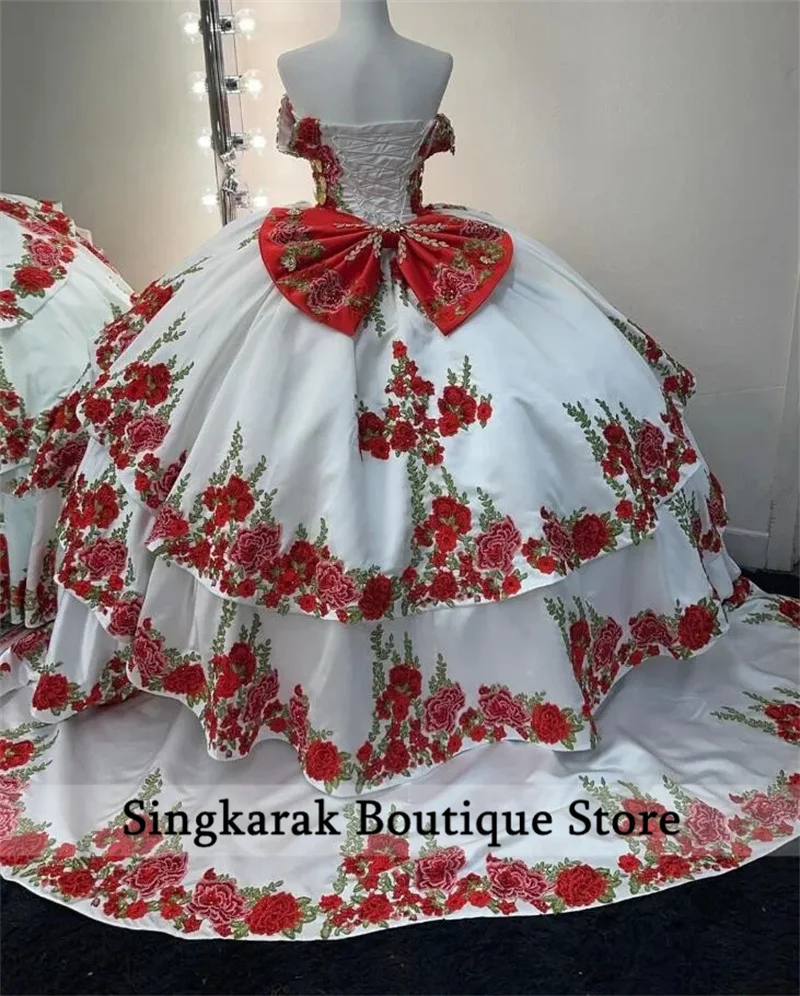 Vestido De quinceañera blanco mexicano 2024, Vestido De baile con flores rojas, apliques De cuentas y cristales, Vestido dulce 16, Vestido De 15 personalizado