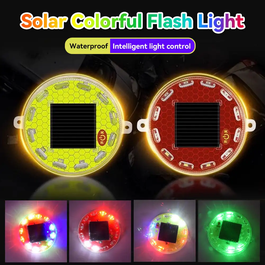 Round Solar Rechargeable Safety Warning Light Road Stud Outdoor 12 Led Reflector Waterproof Underground Ground Lighting Light