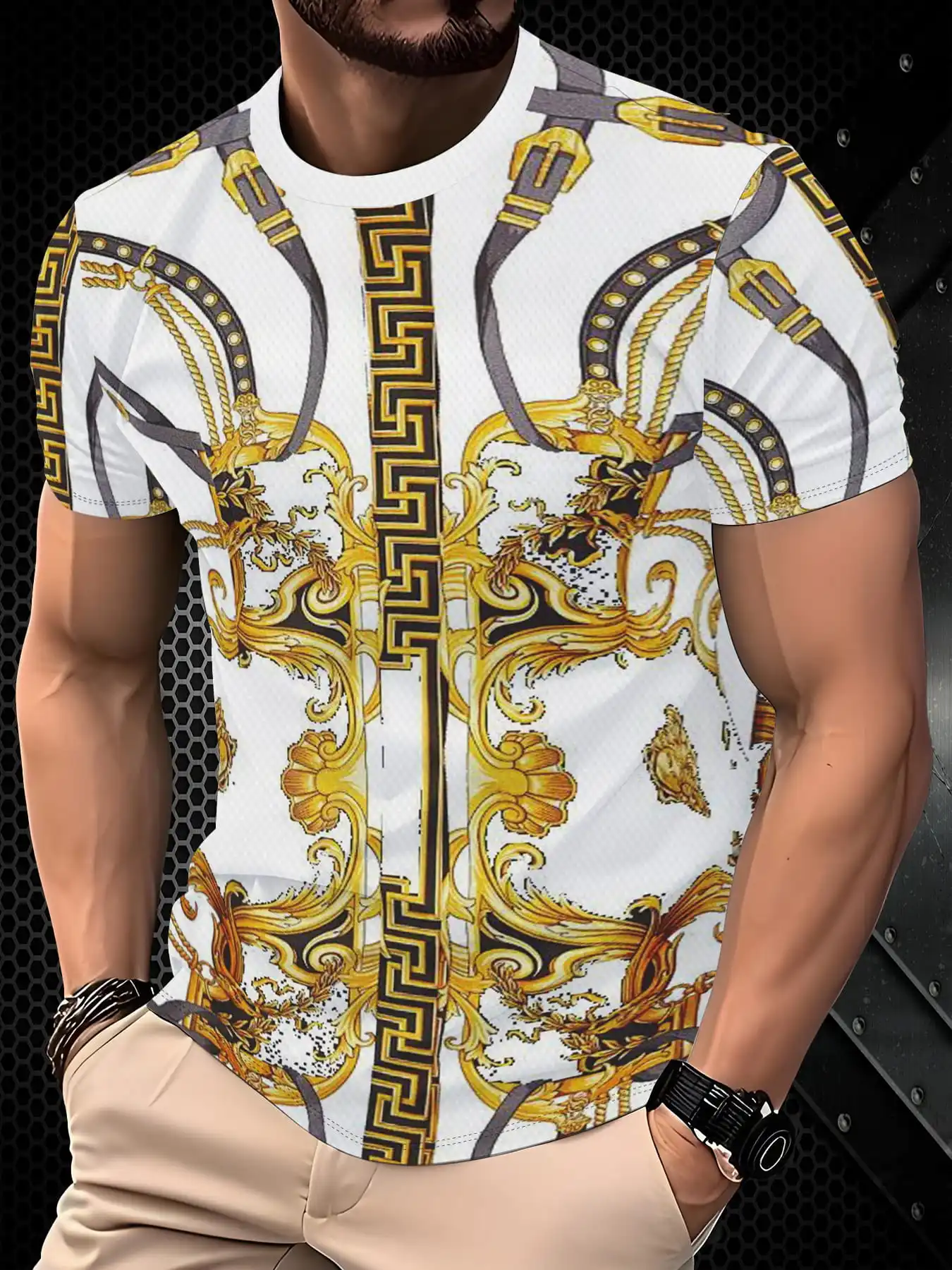 Men Golden Baroque Chain Belt Greek Key Print White Crew Neck Short Sleeve T-shirt
