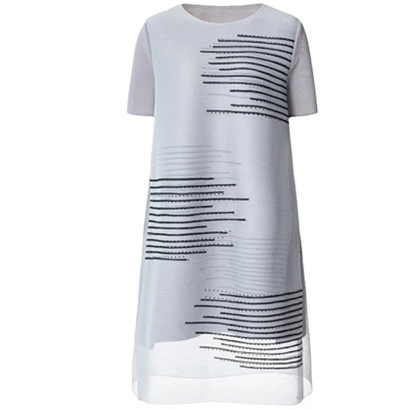 

Miyake/Плиссированное Платье для молодых мам; Летняя одежда; Новинка 2023 года; Свободная женская одежда больших размеров; Платья с короткими рукавами для женщин