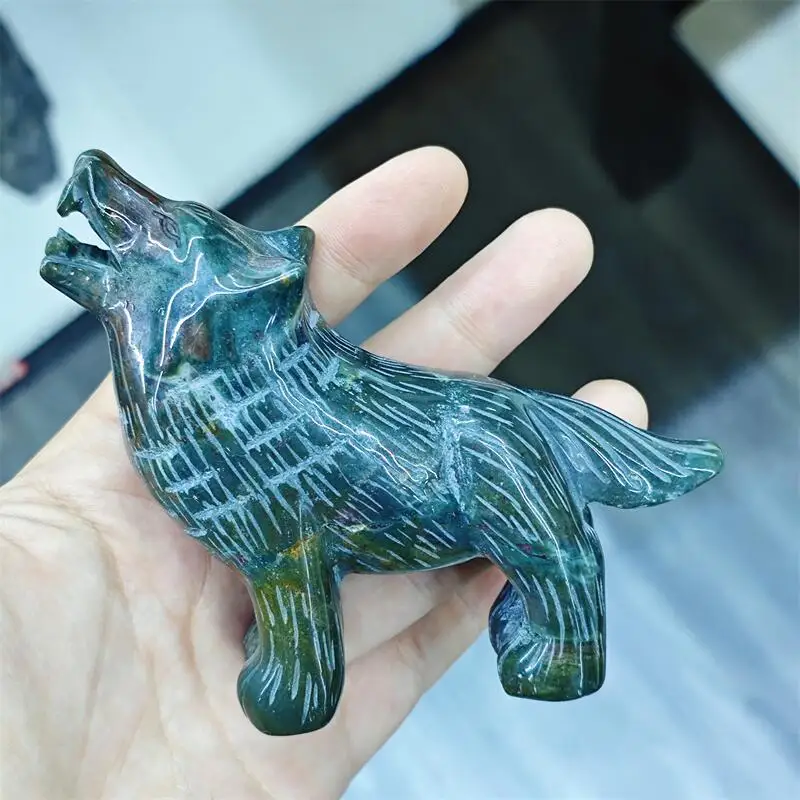 Natural Ocean Jasper Wolf Carving Statue Healing Gemstone Crafts For Children Birthday Halloween Gift 1PCS