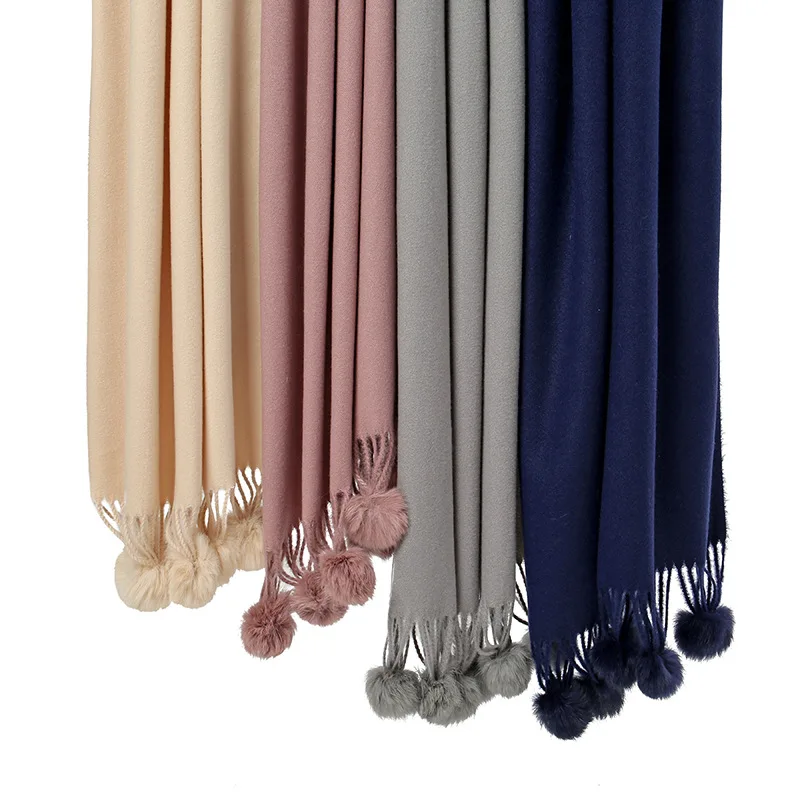 New Winter Warm Imitation Cashmere Scarf Women Luxury Solid Fringed Pompom Shawls Pashmina Thick Scarves Wrap Lady Blanket Hijab