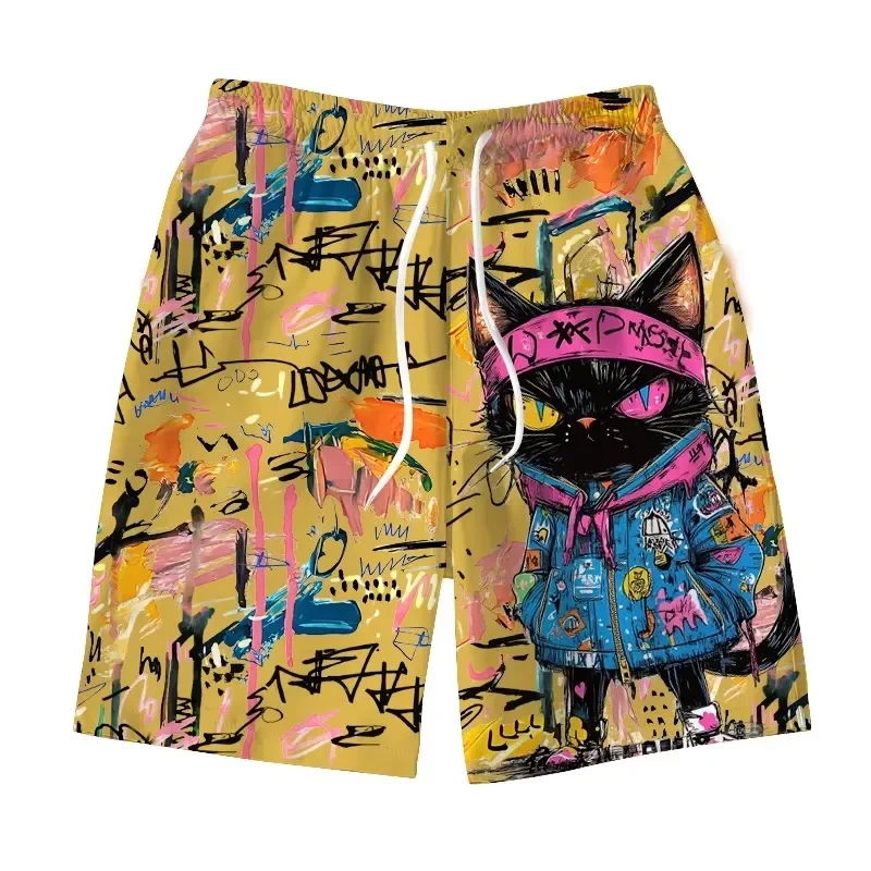 Men Shorts Colorful Graffiti Cat Pattern 3D Print Beach Shorts Summer Casual Street Breathable Swim Trunks For Men