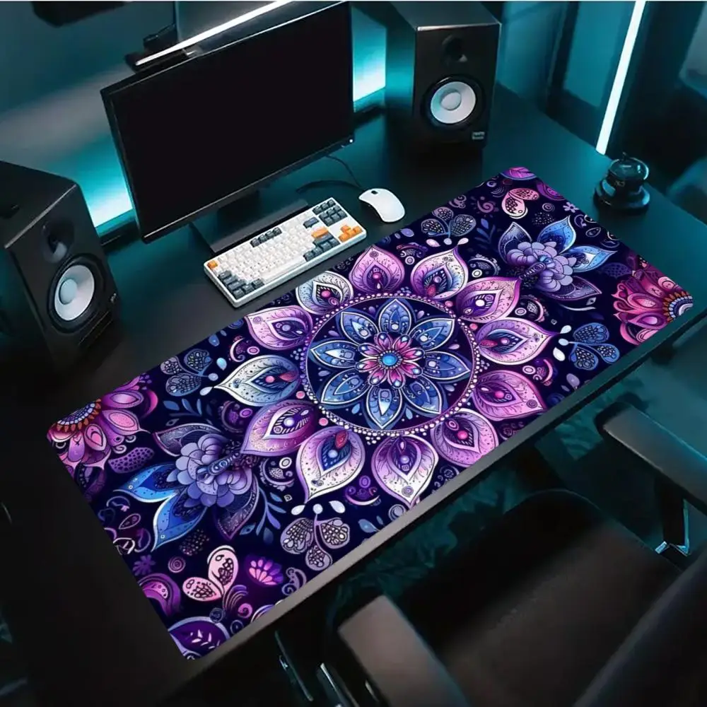Desk Mat Colorful Mandala Floral Print Anti Slip Rubber Mousepad Stitched Edge Keyboard Pad For PC Laptop Gaming Office Decor