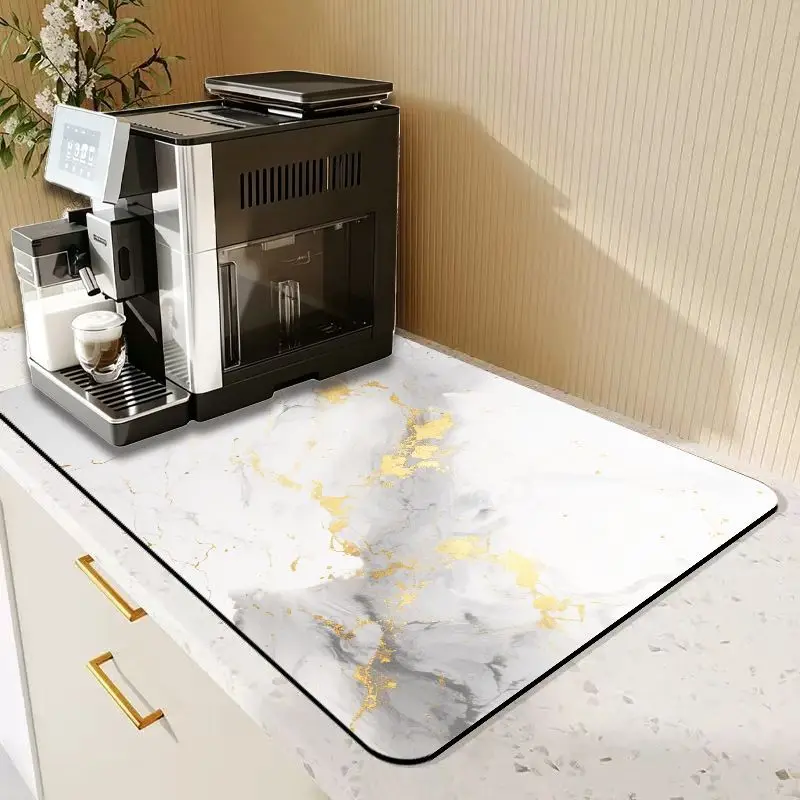 VIKAMA White Grey Gold Vein Coffee Mat Quick Dry Absorbent Oilproof Non Slip Kitchen Counter Drying Decor Rug