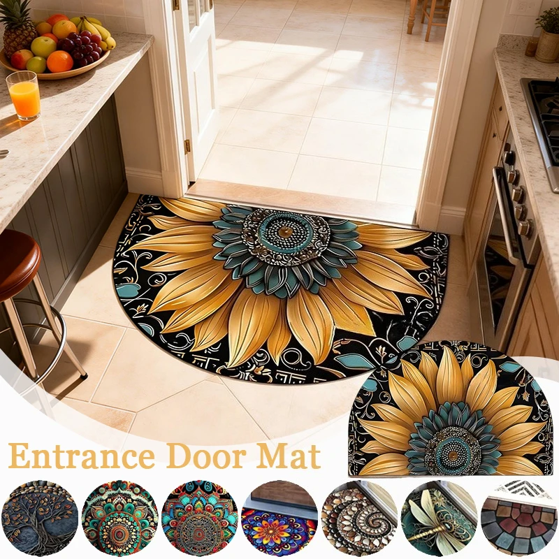 

1PC Retro Floral Print Semi-Circular Entrance Doormat Dirty Resistant Entryway Floor Mats Bathroom Door Rugs Home Decoration