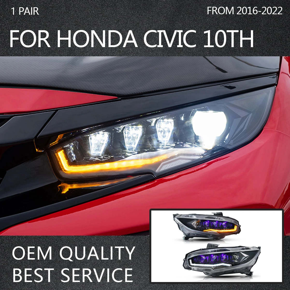 Highlight Day Row Light Four Lens DRL Dynamic 180 ° Rotation Headlight Assembly for Honda Civic 10th Gen Hatchback