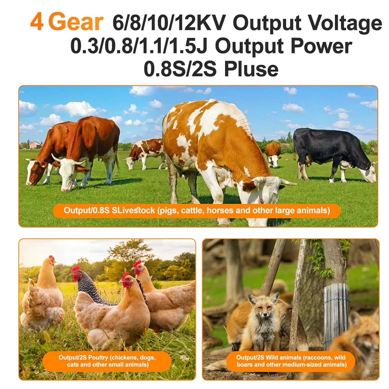 30 Miles Solar Electric Fence Charger 4 Gear 6/8/10/12KV Adjustable 1.5 J for Farm Livestock Poultry Prevent Predator Invasion