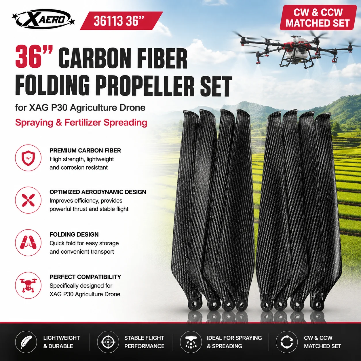 XAERO 36113 36 inch Carbon Fiber Folding Propeller for XAG P30, CW CCW Spraying & Fertilizer Spreading Blade