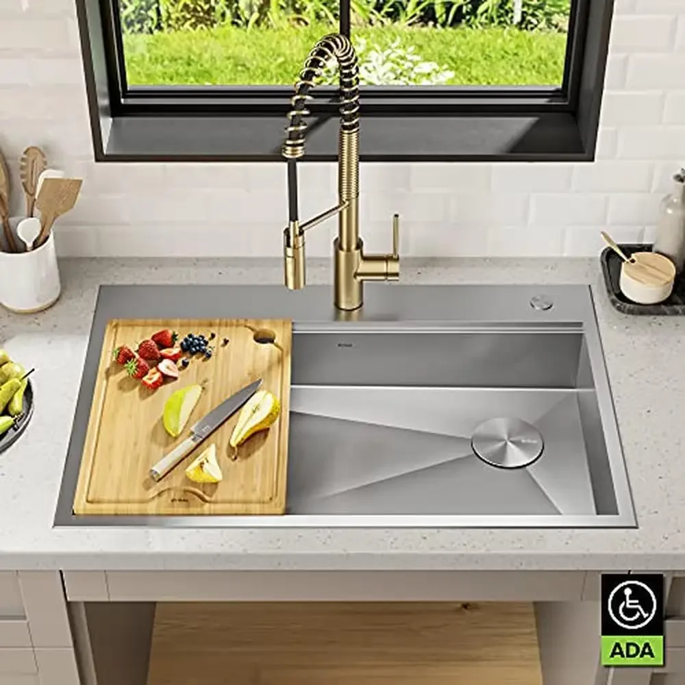 33-inch Stainless Steel Single Bowl Kitchen Sink Workstation with Accessories Worktop Drop-In Design ADA Compliant  16 Gauge