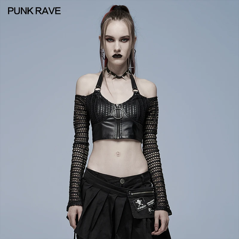 

PUNK RAVE Women's Gothic Sexy Horizotal Shoulder Crop Top Punk Rock Hollow Out Sleeve Front Zippers Playful Black Short T-Shirts