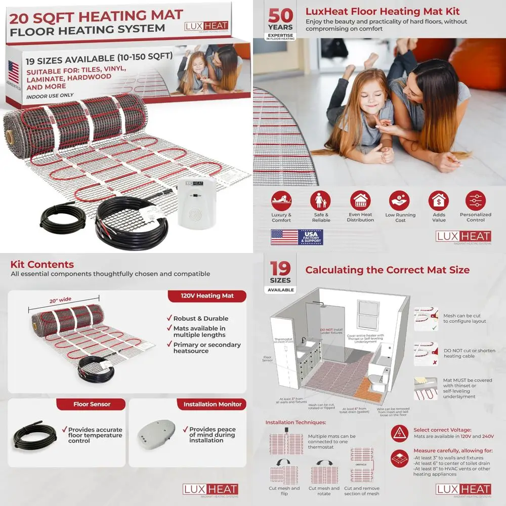 

Electric Radiant Floor Heating System - 20 Square Feet Easy Install Mat Kit for 120V Heated Flooring with Self-Adhesive