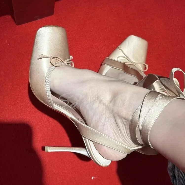 Balck Stain Lace Up Ballet Shoes Girl Pink Square Toe Bow Tie Stiletto Heel Ankle Strap Slingback Elegant Summer Sexy Pumps