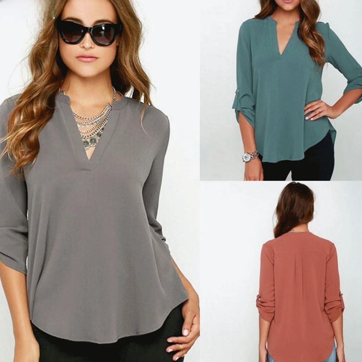 

Женская футболка с v-образным вырезом, повседневные шифоновые топы с длинным узлом све, однотонная весенняя женская одежда Faion