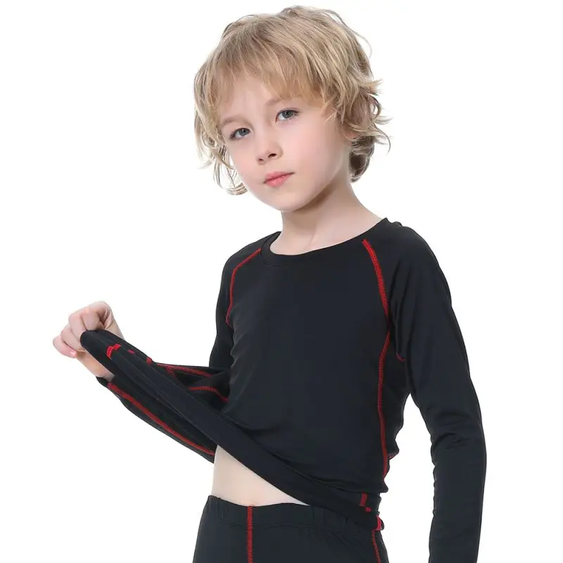 Kids Boys Sports Compression T-shirt Long Sleeved Velvet Sportswear Clothes Children Quick Drying Tight Top Fitness Sweatshirt