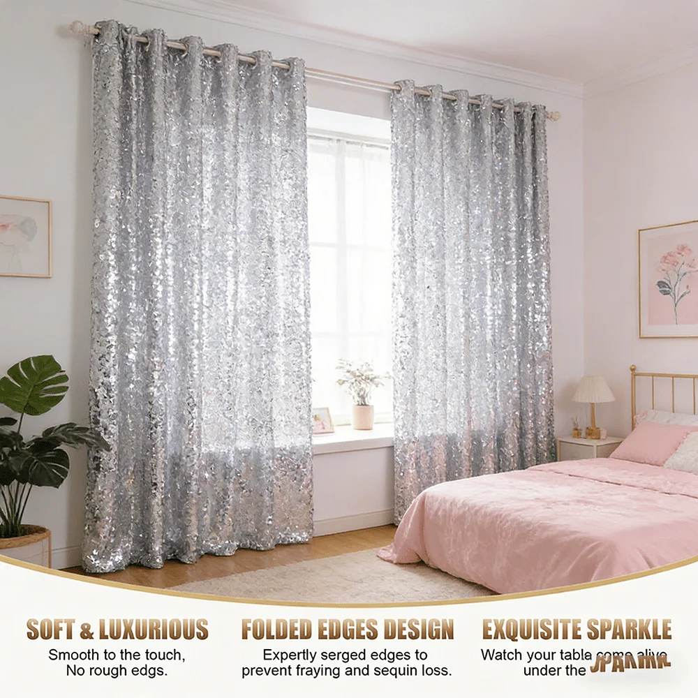 1PC High-End Cold Tone Mirror Silver Color Sequin Background Curtain, Easy Install Pole Bag, Indoor Outdoor Reusable Party Backd view 6