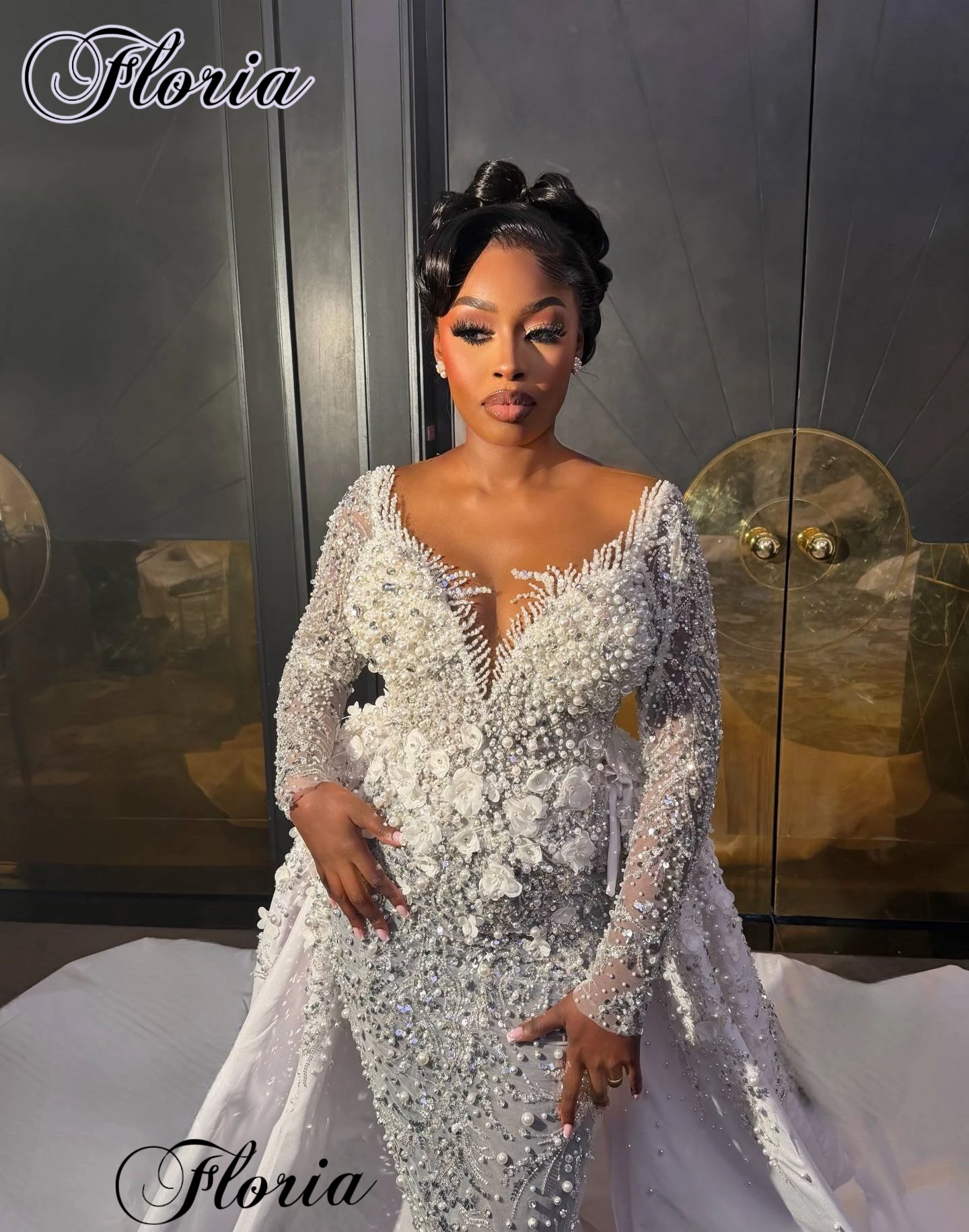 2026 Two Pieces Beaded Wedding Dresses With Detachable Train Pearls Long Sleeves Wedding Gowns Vestidos De Novia Customized