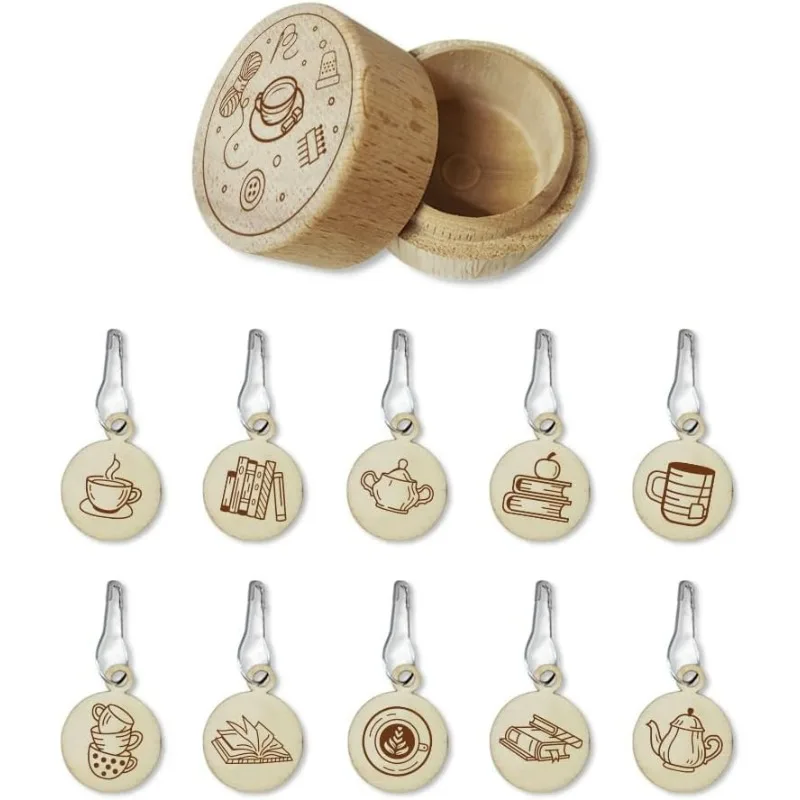 

20 Pcs 10 Styles teacup/teapot Wood Locking Stitch Markers, Round Stitch Marker Wooden Crochet Stitch Markers with Gourd Safety