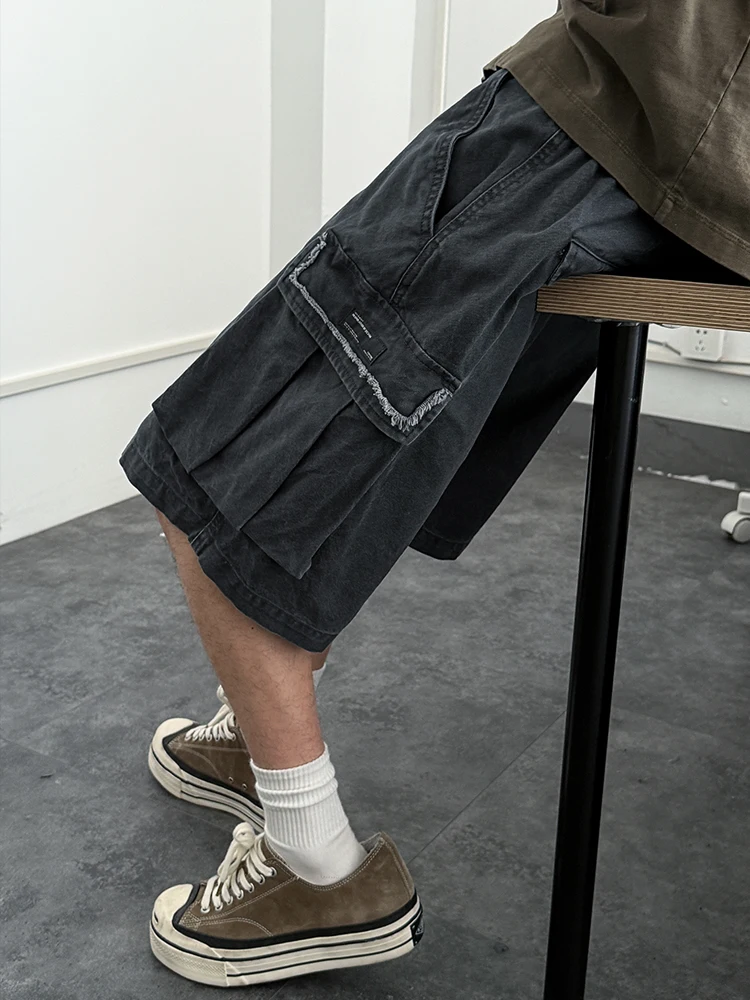 Korean Streetwear Baggy Cargo Shorts For Men Heavyweight 5-Inch Oversized Large Pockets Drawstring Casual Mid-Length Summer