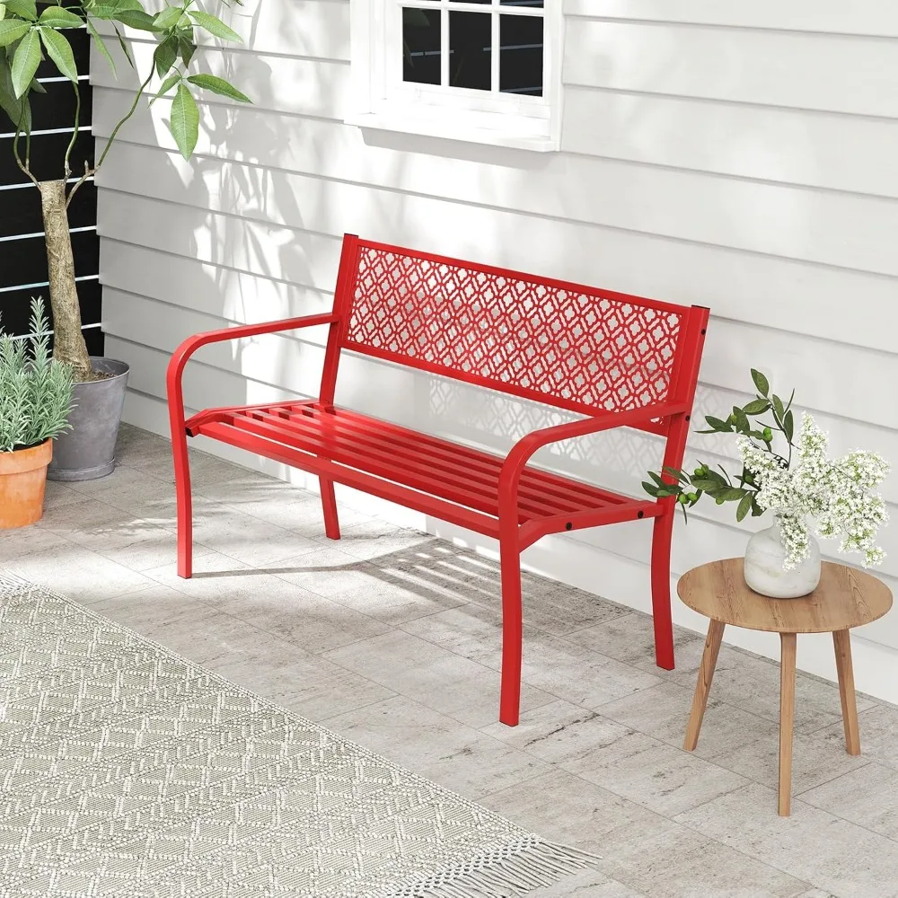

50 Inches Outdoor Garden Bench, Metal Patio Park Bench with Geometric Lattice Backrest, Armrests and Slatted Seat, Outdoor