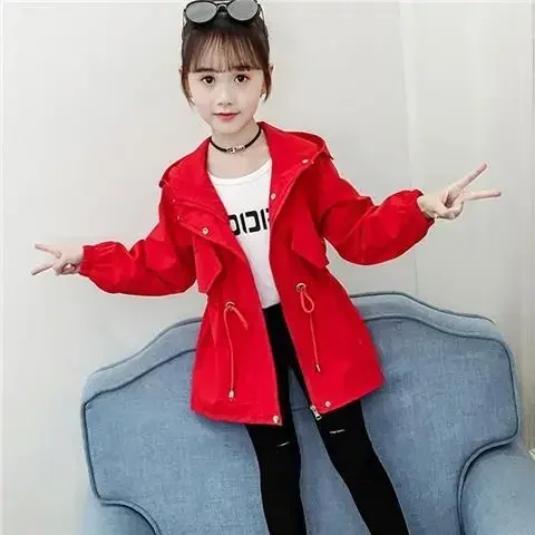 Girl\'s Autumn Trench Coat 2023 New Children\'s Spring Hooded Jacket 2 3 4 5 6 7 8 12 Years Old Kids Clothes Teenager Windbreaker