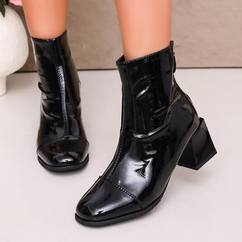 Elegant Black Pu Leather High Heeled Ankle Boots Women 2026 Autumn Back Zipper Short Boots Women Plus Size 42 Brand Design Shoes
