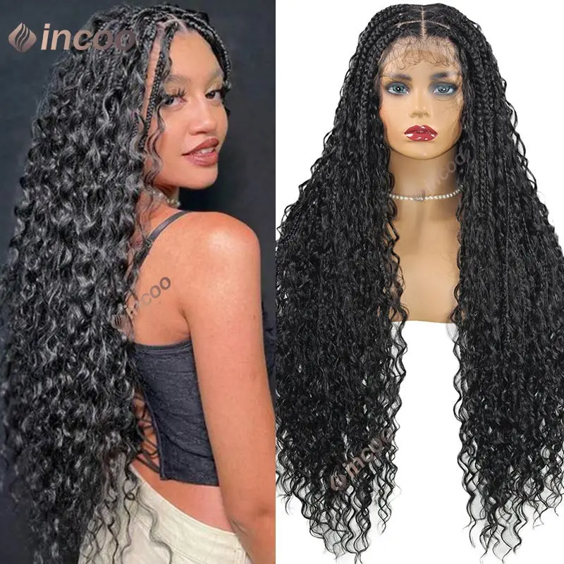 

Long 32inch Boho Full Lace Front Braided Wigs Synthetic Blonde Curly Goddess Locs Cornrows Wigs Knotless Box Bohemian Braids Wig