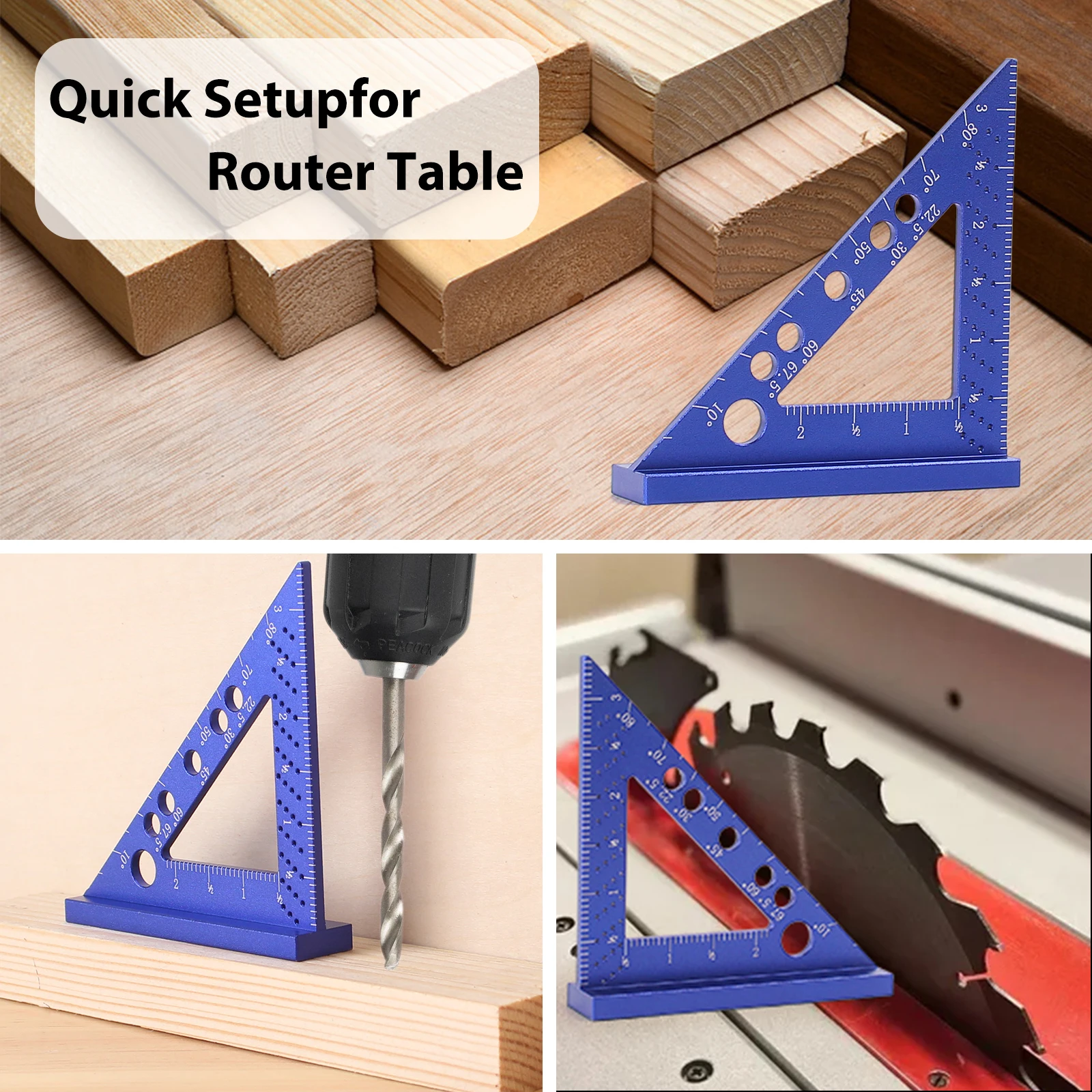 Righello quadrato per la lavorazione del legno Righello triangolare mitra da 22,5-90 gradi Goniometro quadrato in alluminio Calibro per marcatura con perno