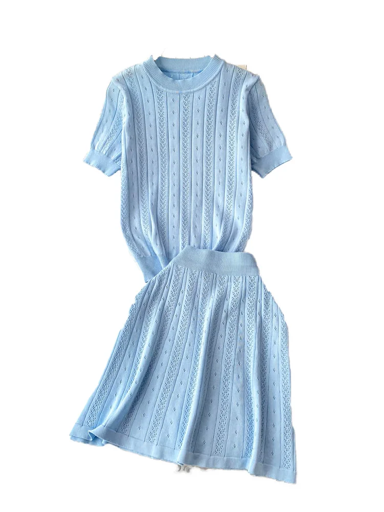 T-shirt in seta di ghiaccio lavorata a maglia dolce scava fuori ort Sve round Ne Top con gonna snellente a vita alta Set da due pezzi