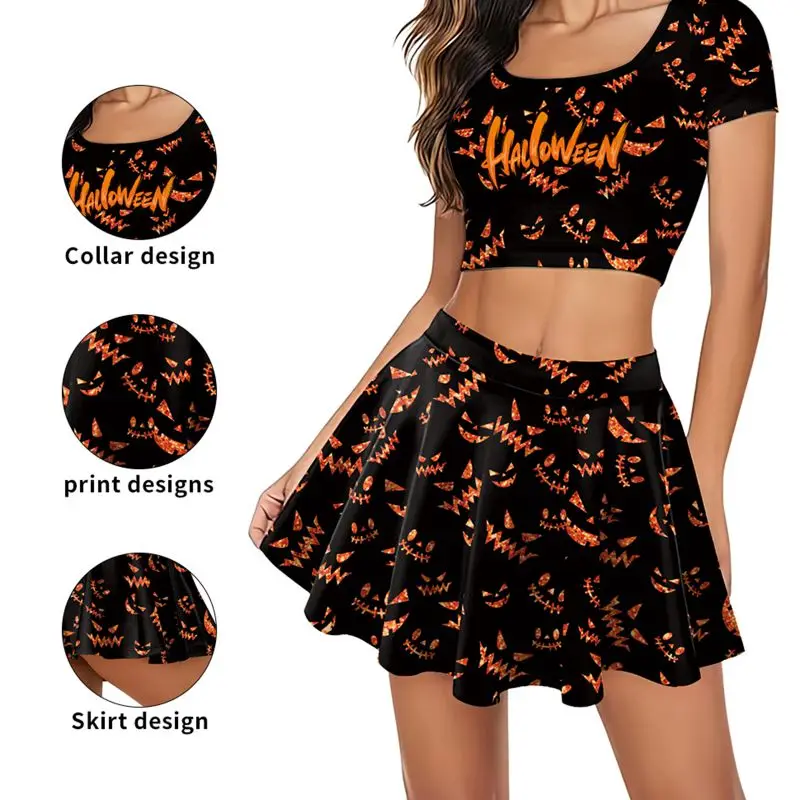 

Женский костюм черлидинга на Хэллоуин, платье с принтом призрака, плиссированная юбка с короткими рукавами, униформа, наряд для косплея