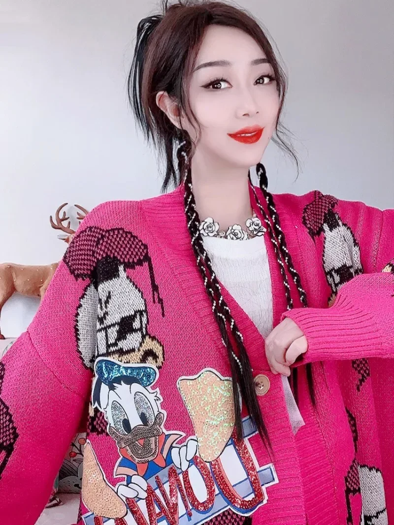 2024 Autumn Clothing Fashion Knitwear Heavy Handmade Sequined Cartoon Age-reducing Rose Red Thickened Sweater Cardigan Jacket