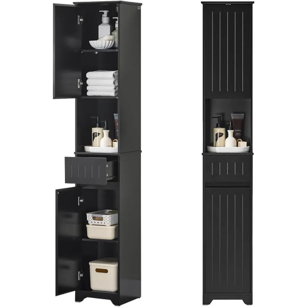 

SoBuy Bathroom Tall Narrow Cabinet, Slim Freestanding Storing Unit with Shelves Narrow Floor Standing Cupboard, Black BZR109-SCH