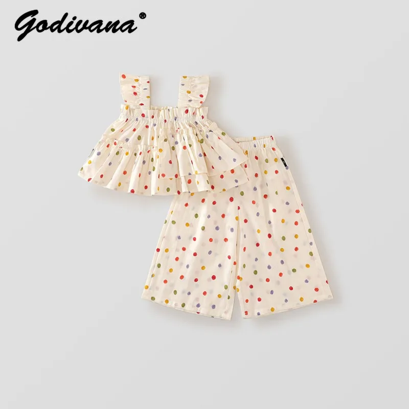 

Cute Baby Girls Colorful Polka Dot Outfit Sets 2026 Spring and Summer Korean Style Sweet Kids Sets Camisole Top Wide-leg Pants