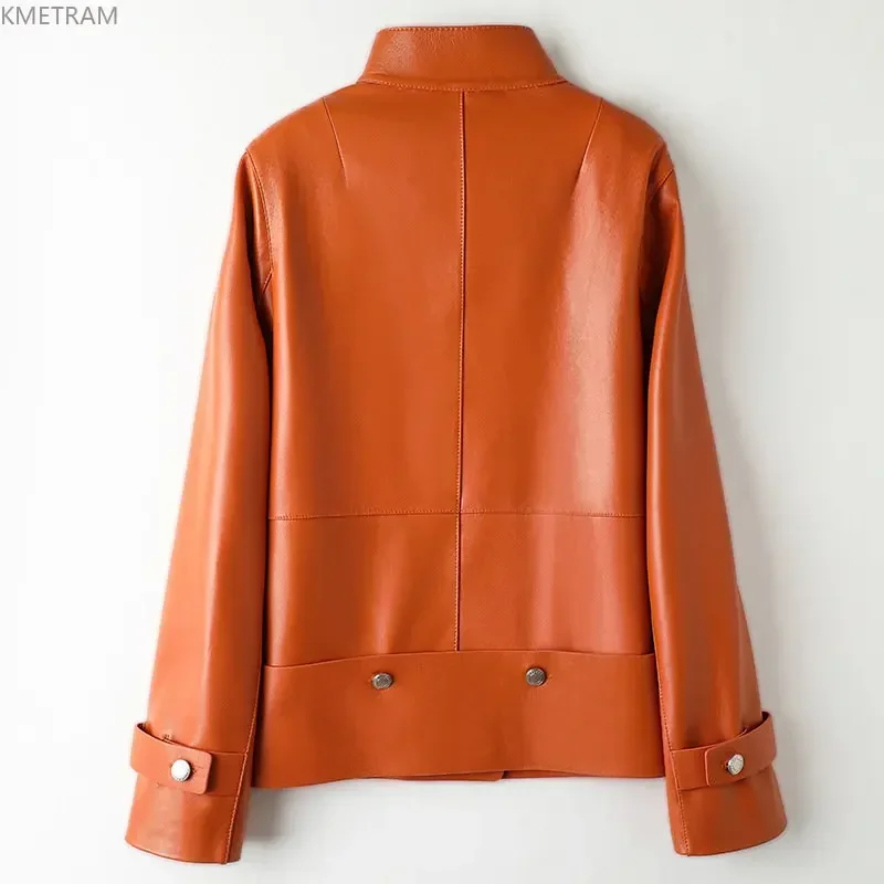 Veste en cuir naturel pour femme, manteau 2024 peau de mouton, orange, mi-long, élégant, 100%