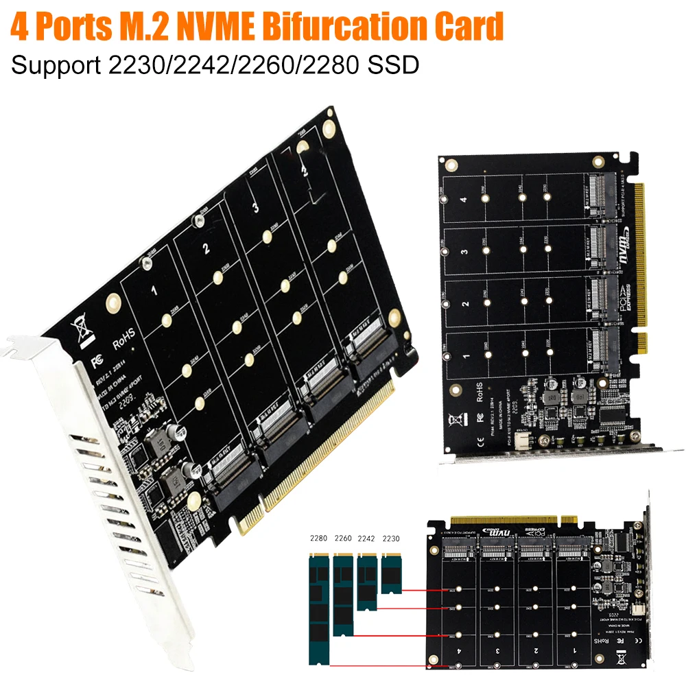 M.2 NVME PCIE X16 SSD Adapter Card 4 Ports LED Indicator Bifurcation Cards Support 2230/2242/2260/2280 Expansion Converter Card