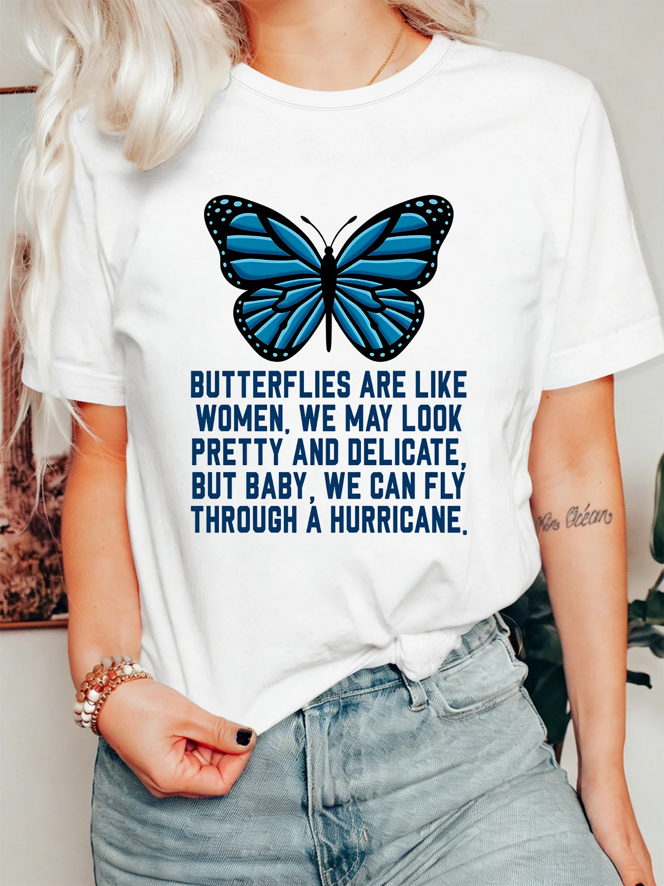 Empowering Women Quote Womens T Shirt Blue Butterfly Motivational Graphic Tee Short Sleeve Casual Party Street Ladies Tops