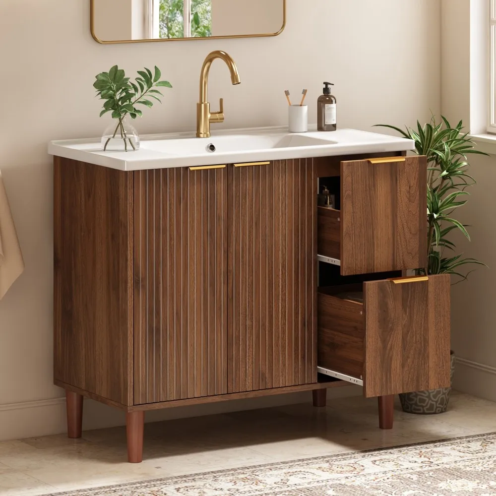 Mobiletto da bagno autoportante da 91 cm con ante a doppia apertura, cassetti, lavabo in ceramica, frontali verticali scanalate, maniglie dorate, colore noce, mobiletto per la cura del bagno, senza